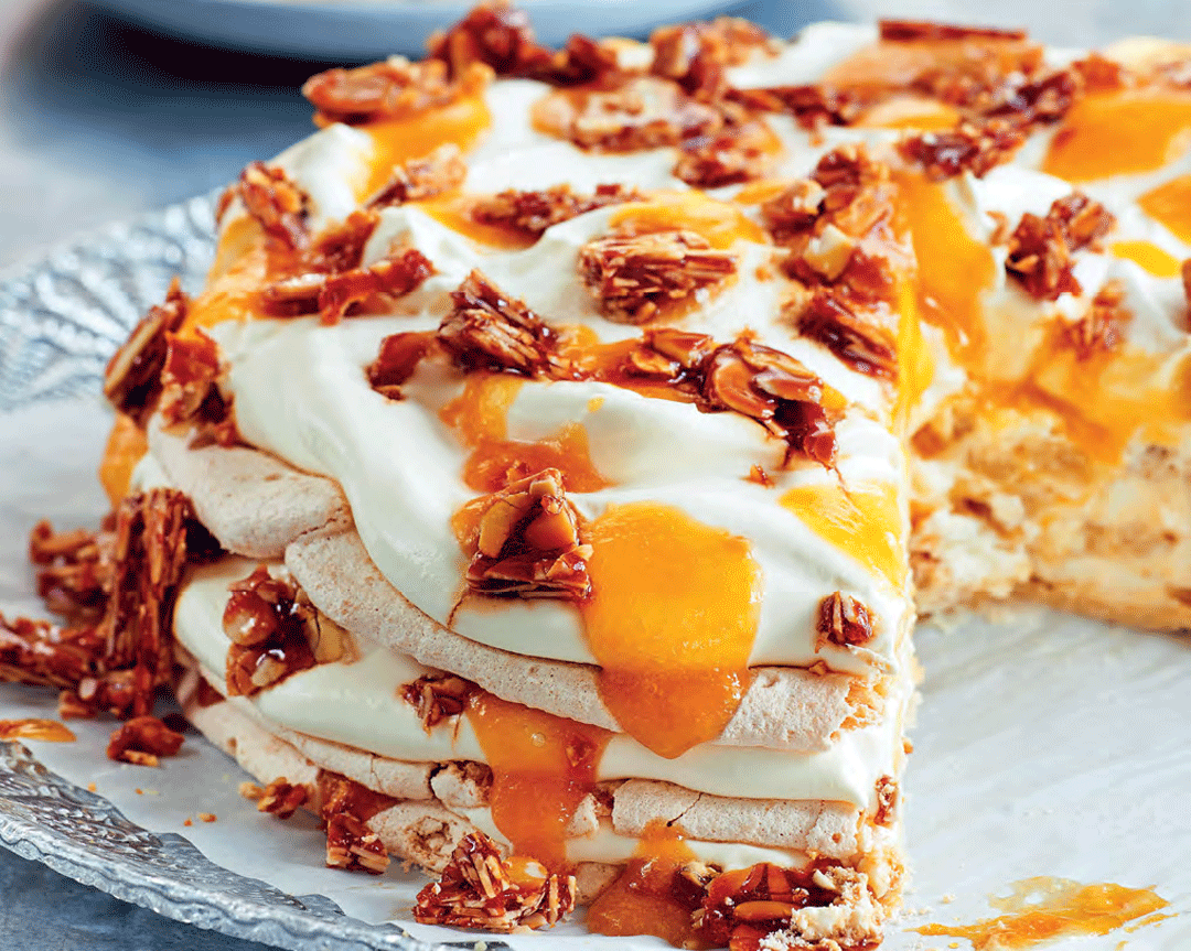 Almond Dacquoise Cake (with Peaches) – Frances' Menu Dessert %